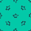 Blue line Magic lamp or Aladdin lamp icon isolated seamless pattern on green background. Spiritual lamp for wish. Vector Royalty Free Stock Photo