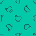 Blue line Magic mortar and pestle icon isolated seamless pattern on green background. Vector Illustration. Royalty Free Stock Photo