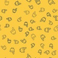 Blue line Magic mortar and pestle icon isolated seamless pattern on yellow background. Vector Illustration Royalty Free Stock Photo