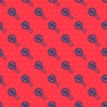 Blue line Magnifying glass with percent icon isolated seamless pattern on red background. Discount offers searching Royalty Free Stock Photo