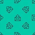 Blue line Mail and e-mail icon isolated seamless pattern on green background. Envelope symbol e-mail. Email message sign Royalty Free Stock Photo