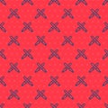 Blue line Marshalling wands for the aircraft icon isolated seamless pattern on red background. Marshaller communicated
