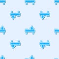 Blue line Massage table with oil icon isolated seamless pattern on grey background. Vector Royalty Free Stock Photo