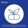 Blue line Medical pill with plant icon isolated on blue background. Herbal pill. White circle button. Vector