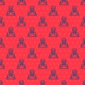 Blue line Medieval knight icon isolated seamless pattern on red background. Vector