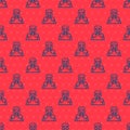 Blue line Medieval knight icon isolated seamless pattern on red background. Vector