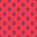 Blue line Mexican mayan or aztec mask icon isolated seamless pattern on red background. Vector