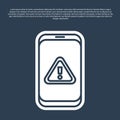 Blue line Mobile phone with exclamation mark icon isolated on blue background. Alert message smartphone notification Royalty Free Stock Photo