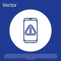 Blue line Mobile phone with exclamation mark icon isolated on blue background. Alert message smartphone notification Royalty Free Stock Photo