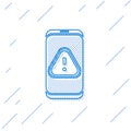 Blue line Mobile phone with exclamation mark icon isolated on white background. Alert message smartphone notification Royalty Free Stock Photo