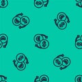 Blue line Money exchange icon isolated seamless pattern on green background. Euro and Dollar cash transfer symbol