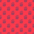 Blue line Museum audio guide icon isolated seamless pattern on red background. Headphones for excursions. Vector