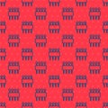 Blue line Needle for sewing icon isolated seamless pattern on red background. Tailor symbol. Textile sew up craft sign Royalty Free Stock Photo