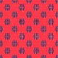 Blue line Needle for sewing icon isolated seamless pattern on red background. Tailor symbol. Textile sew up craft sign Royalty Free Stock Photo