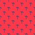 Blue line Needle for sewing with thread icon isolated seamless pattern on red background. Tailor symbol. Textile sew up