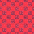 Blue line Octopus on a plate icon isolated seamless pattern on red background. Vector