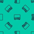 Blue line Old video cassette player icon isolated seamless pattern on green background. Old beautiful retro hipster Royalty Free Stock Photo