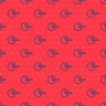 Blue line Pacman with eat icon isolated seamless pattern on red background. Arcade game icon. Pac man sign. Vector Royalty Free Stock Photo