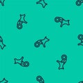 Blue line Paralyzed dog in wheelchair icon isolated seamless pattern on green background. Vector