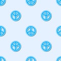 Blue line Peace icon isolated seamless pattern on grey background. Hippie symbol of peace. Vector Illustration