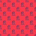 Blue line Petrol or Gas station icon isolated seamless pattern on red background. Car fuel symbol. Gasoline pump. Vector Royalty Free Stock Photo