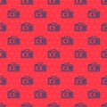 Blue line Photo camera icon isolated seamless pattern on red background. Foto camera. Digital photography. Vector Royalty Free Stock Photo