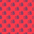 Blue line Photo camera icon isolated seamless pattern on red background. Foto camera. Digital photography. Vector Royalty Free Stock Photo