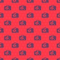 Blue line Photo camera icon isolated seamless pattern on red background. Foto camera. Digital photography. Vector Royalty Free Stock Photo