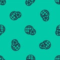 Blue line Planet earth and radiation symbol icon isolated seamless pattern on green background. Environmental concept Royalty Free Stock Photo