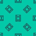 Blue line Play Video icon isolated seamless pattern on green background. Film strip sign. Vector