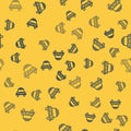 Blue line Police car and police flasher icon isolated seamless pattern on yellow background. Emergency flashing siren Royalty Free Stock Photo