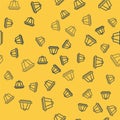 Blue line Pudding custard with caramel glaze icon isolated seamless pattern on yellow background. Vector