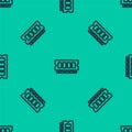 Blue line RAM, random access memory icon isolated seamless pattern on green background. Vector Royalty Free Stock Photo