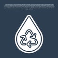 Blue line Recycle clean aqua icon isolated on blue background. Drop of water with sign recycling. Vector Royalty Free Stock Photo