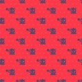 Blue line Rescue helicopter aircraft vehicle icon isolated seamless pattern on red background. Vector