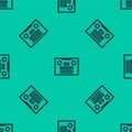 Blue line Retro audio cassette tape icon isolated seamless pattern on green background. Vector Illustration Royalty Free Stock Photo