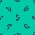 Blue line Robot icon isolated seamless pattern on green background. Artificial intelligence, machine learning, cloud computing. Royalty Free Stock Photo