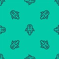 Blue line Robot icon isolated seamless pattern on green background. Artificial intelligence, machine learning, cloud Royalty Free Stock Photo
