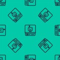 Blue line Robot icon isolated seamless pattern on green background. Artificial intelligence, machine learning, cloud Royalty Free Stock Photo