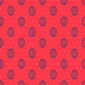 Blue line Rugby ball icon isolated seamless pattern on red background. Vector Illustration