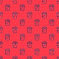 Blue line Sand in bucket icon isolated seamless pattern on red background. Plastic kid toy. Summer icon. Vector Royalty Free Stock Photo