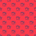 Blue line Sand in bucket with shovel icon isolated seamless pattern on red background. Plastic kid toy. Summer icon Royalty Free Stock Photo