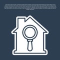 Blue line Search house icon isolated on blue background. Real estate symbol of a house under magnifying glass. Vector Royalty Free Stock Photo