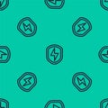 Blue line Secure shield with lightning icon isolated seamless pattern on green background. Security, safety, protection Royalty Free Stock Photo