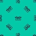 Blue line Seesaw icon isolated seamless pattern on green background. Teeter equal board. Playground symbol. Vector