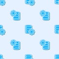Blue line Server and gear icon isolated seamless pattern on grey background. Adjusting app, service concept, setting Royalty Free Stock Photo