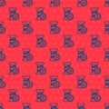 Blue line Sewing thread on spool and button icon isolated seamless pattern on red background. Yarn spool. Thread bobbin Royalty Free Stock Photo