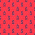 Blue line Sewing thread on spool icon isolated seamless pattern on red background. Yarn spool. Thread bobbin. Vector Royalty Free Stock Photo