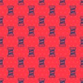 Blue line Sewing thread on spool icon isolated seamless pattern on red background. Yarn spool. Thread bobbin. Vector Royalty Free Stock Photo