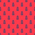 Blue line Sewing thread on spool icon isolated seamless pattern on red background. Yarn spool. Thread bobbin. Vector Royalty Free Stock Photo